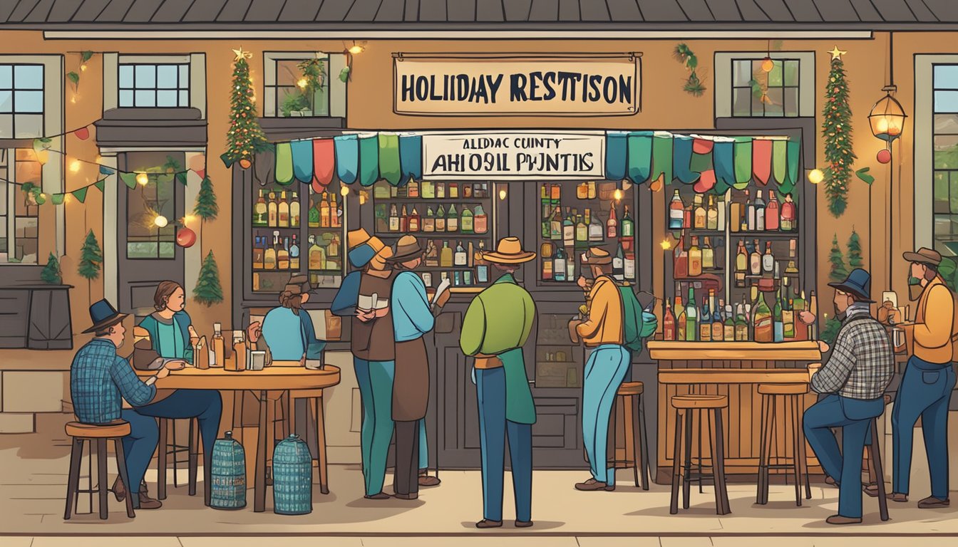 A festive scene with a sign displaying "Holiday Restrictions and Special Provisions" in Goliad County, Texas, surrounded by alcohol and drinking laws