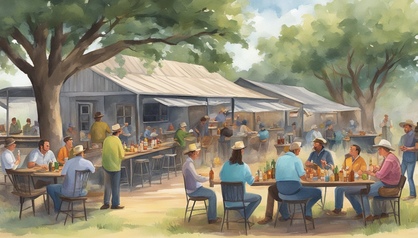 A festive outdoor barbecue with people enjoying alcoholic beverages in Goliad County, Texas