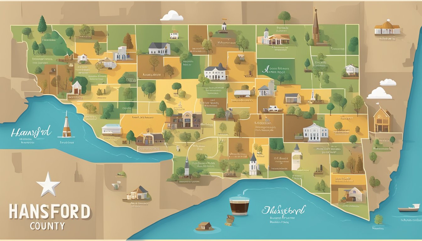 A map of Hansford County, Texas surrounded by neighboring counties, each with different alcohol and drinking laws