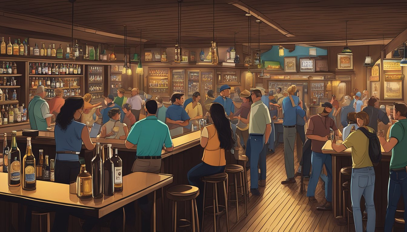 A bustling bar with patrons enjoying drinks, while TABC agents monitor compliance with alcohol and drinking laws in Harrison County, Texas