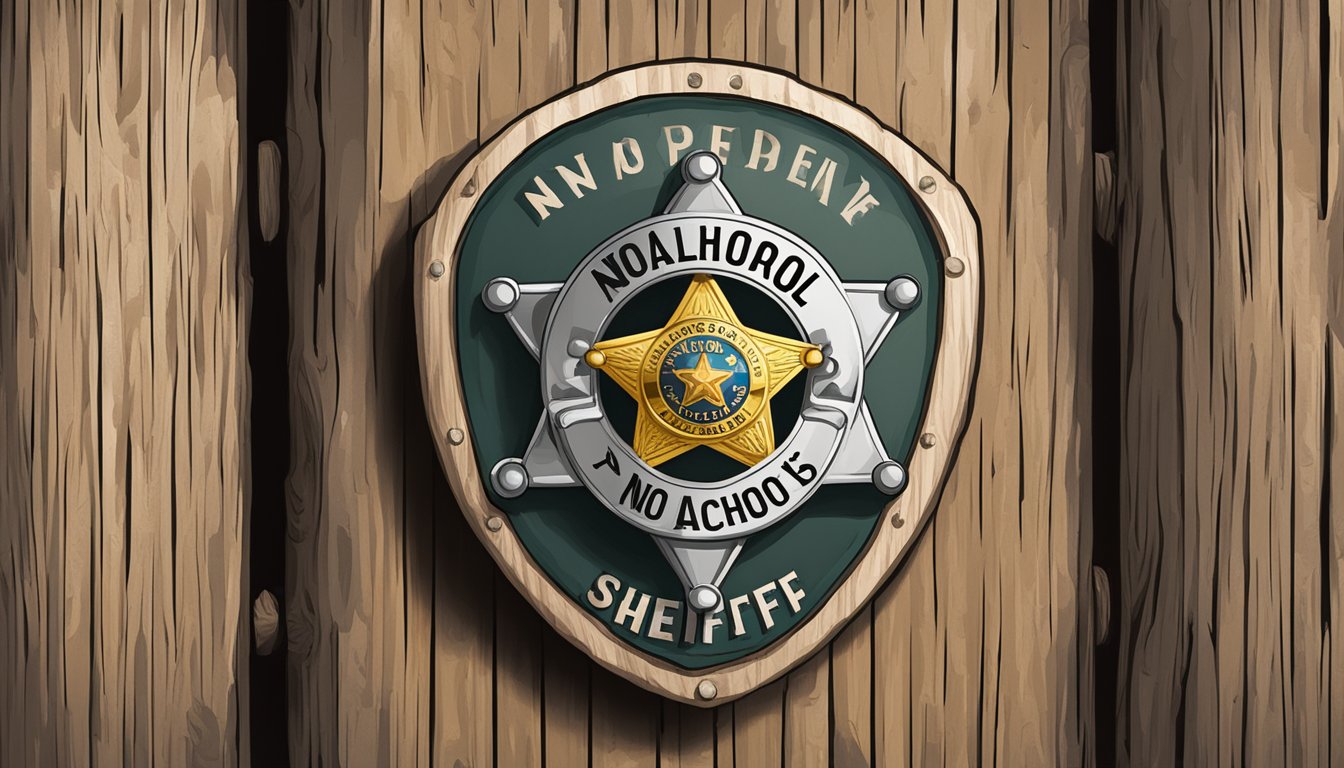 A sheriff's badge pinned to a wooden post, with a "no alcohol" sign in the background