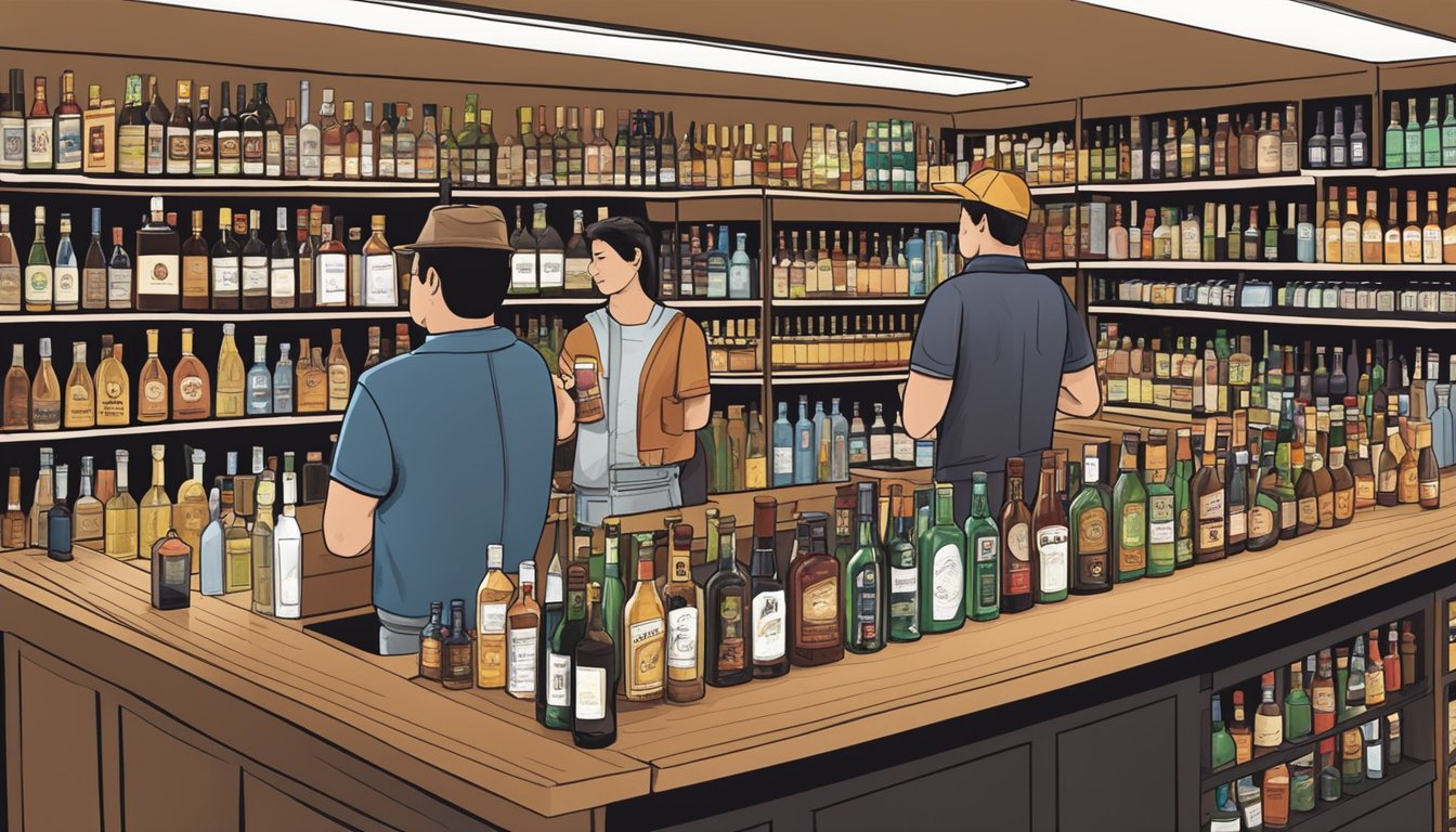 A liquor store with shelves of alcohol, a cashier at the counter, and customers browsing the selection in Harrison County, Texas