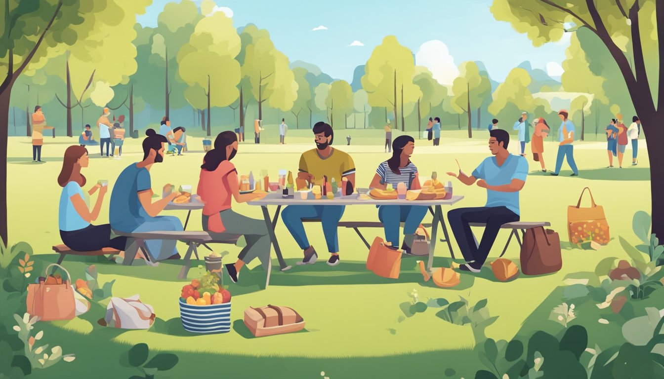 A group of people enjoying a picnic in a park, with a sign displaying responsible alcohol consumption guidelines in the background