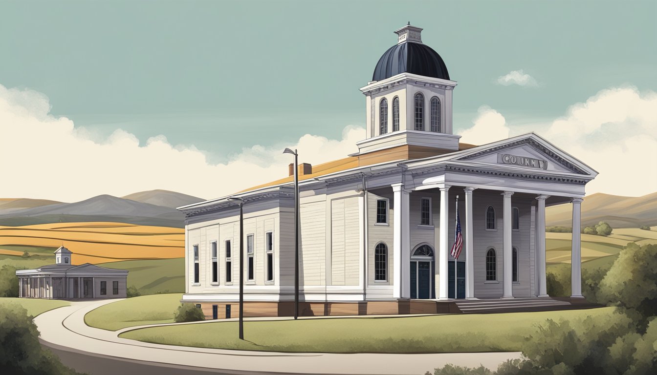 A small town courthouse with a sign reading "Goliad County" amidst rolling hills and a rural landscape, with a focus on the building's exterior