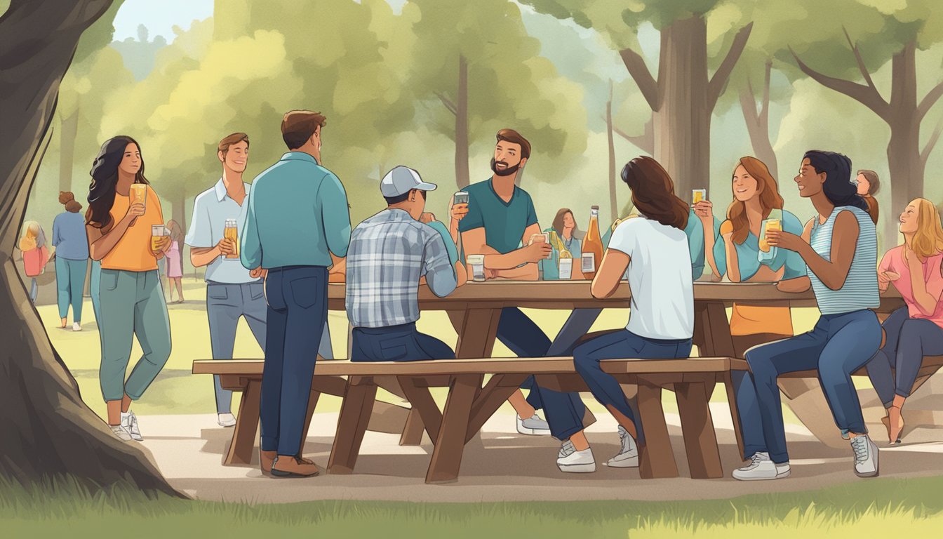 A group of people enjoying drinks at an outdoor picnic area, with signs indicating the legal drinking age and restrictions on public consumption