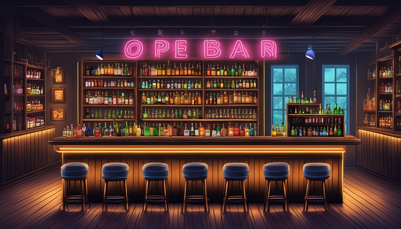 A rustic bar with a neon "Open" sign, lined with shelves of various liquor bottles, and a prominent "No Minors Allowed" sign displayed prominently