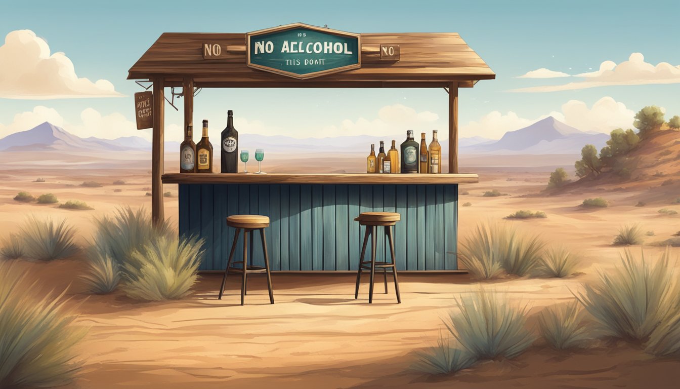 A rustic bar with a "No alcohol beyond this point" sign, surrounded by dry, dusty landscape