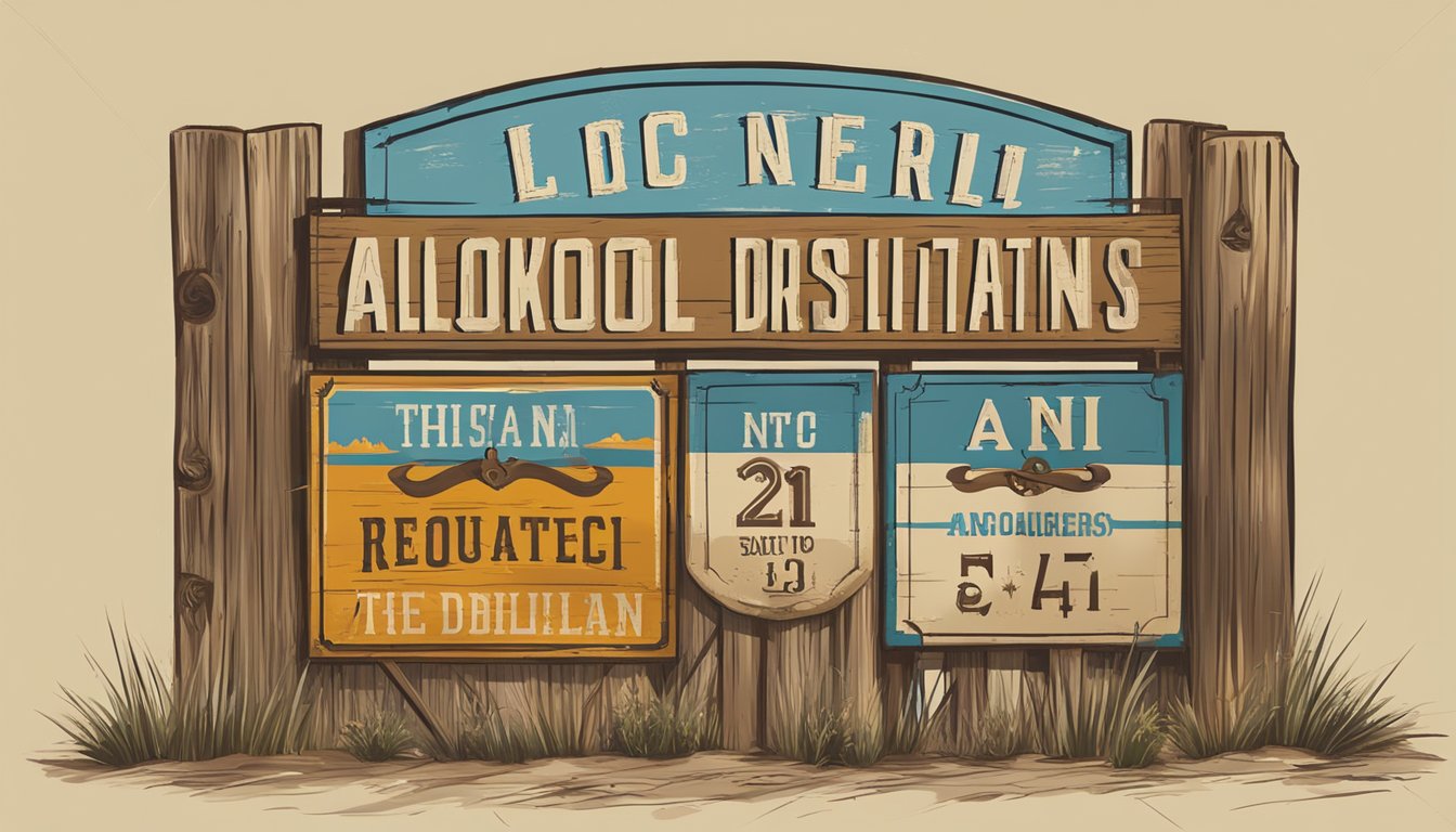 A rustic sign displays local alcohol regulations in a dry county