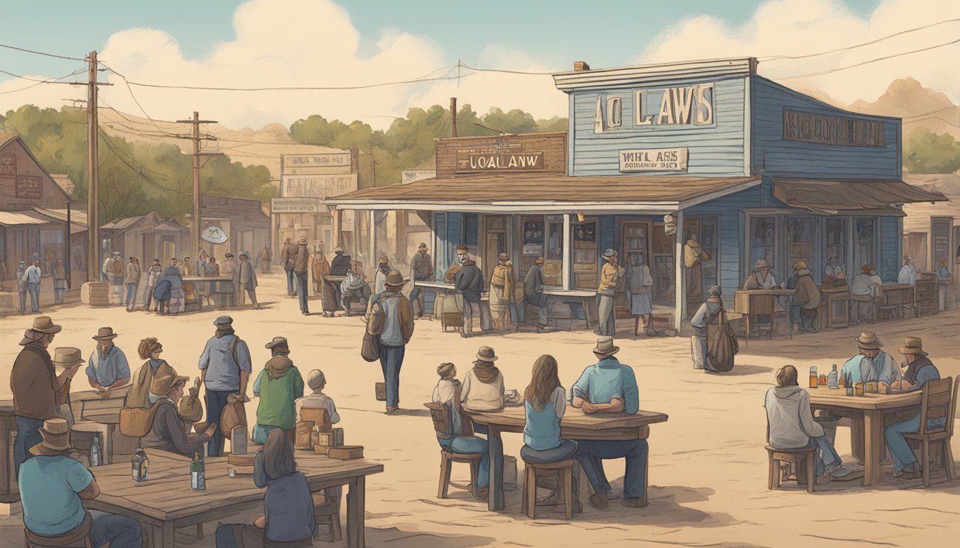 A dusty, rural town square with a weathered sign displaying local alcohol laws. A small crowd gathers, discussing the upcoming temporary events