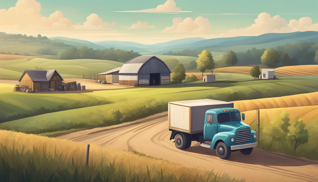 A dusty rural landscape with a small liquor store and a delivery truck parked outside, surrounded by rolling hills and farmland