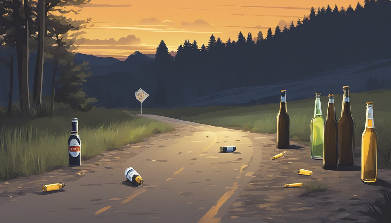 A deserted country road at night, with empty beer bottles scattered on the ground and a "No Alcohol" sign posted nearby