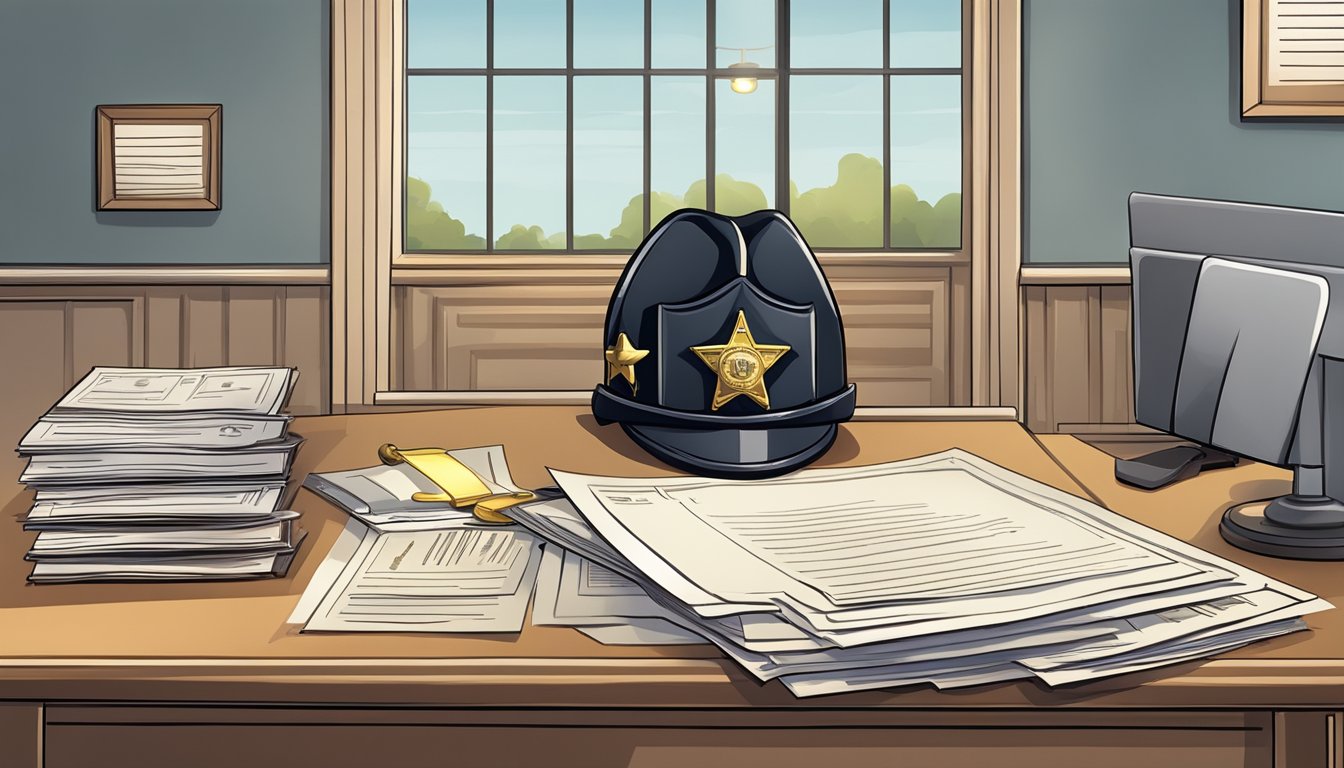 A sheriff's badge and a stack of legal documents on a desk in a small-town police station