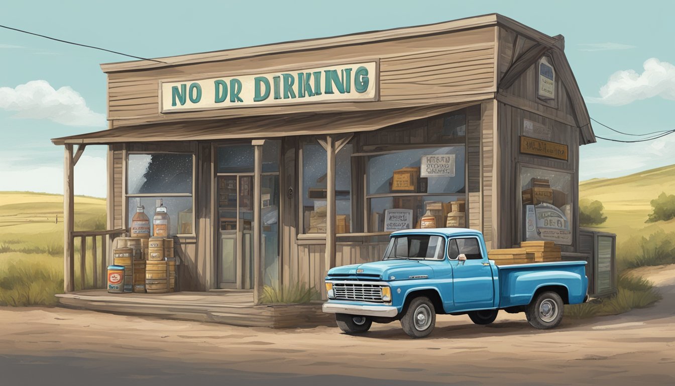 A dusty rural road with a pickup truck parked outside a small, run-down liquor store. A "No Drinking" sign is posted in the window