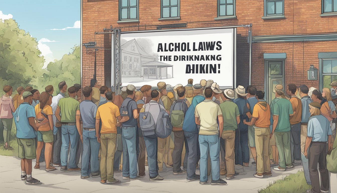 A group of people gather around a billboard promoting alcohol, while a banner advertising the county's drinking laws hangs nearby