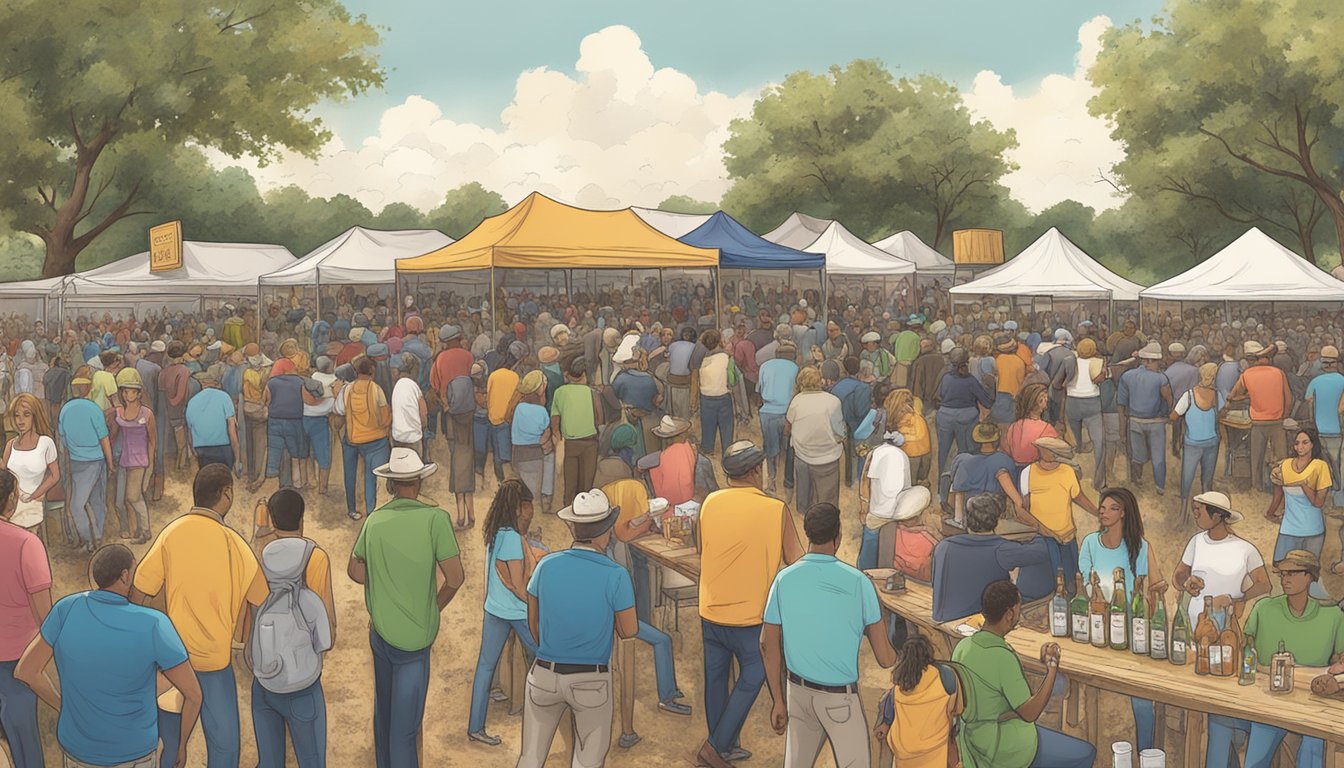 A crowded outdoor event in Hale County, Texas with vendors serving alcohol under special permits