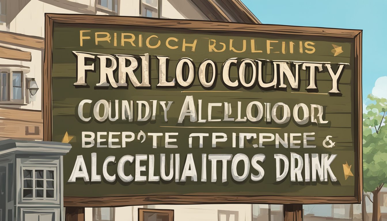 A rustic sign outside a courthouse with "Frio County Alcohol Regulations" and a crossed-out drink symbol