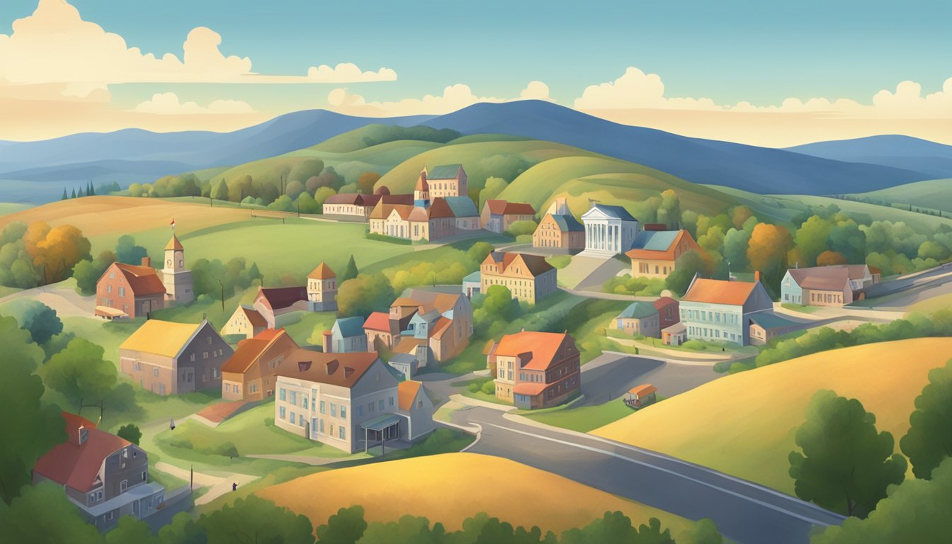 A rural landscape with a small town surrounded by rolling hills, featuring a prominent courthouse and a few scattered businesses