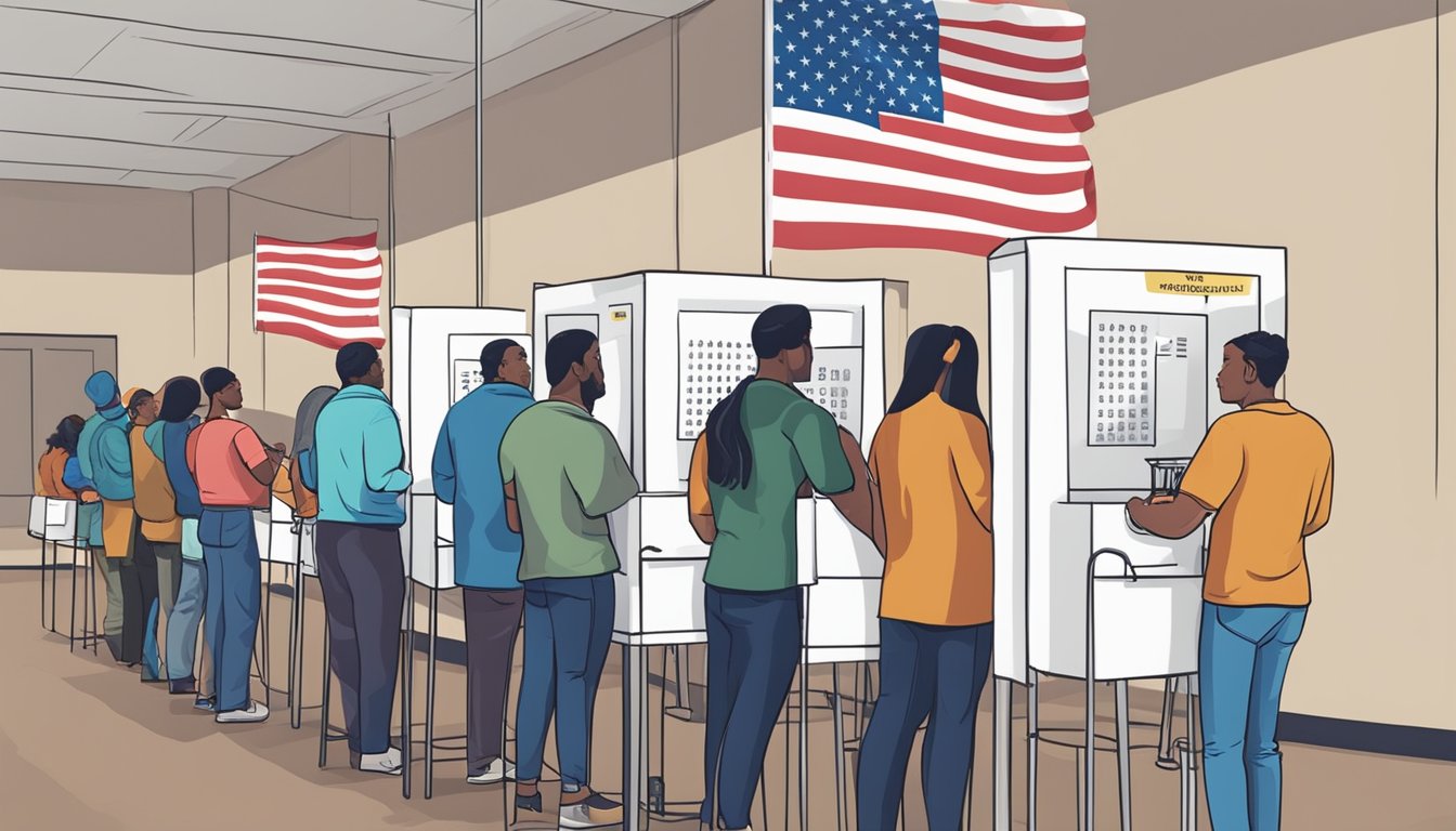 People casting ballots at a polling station in Harrison County, Texas. Flags and signs about alcohol and drinking laws are displayed nearby