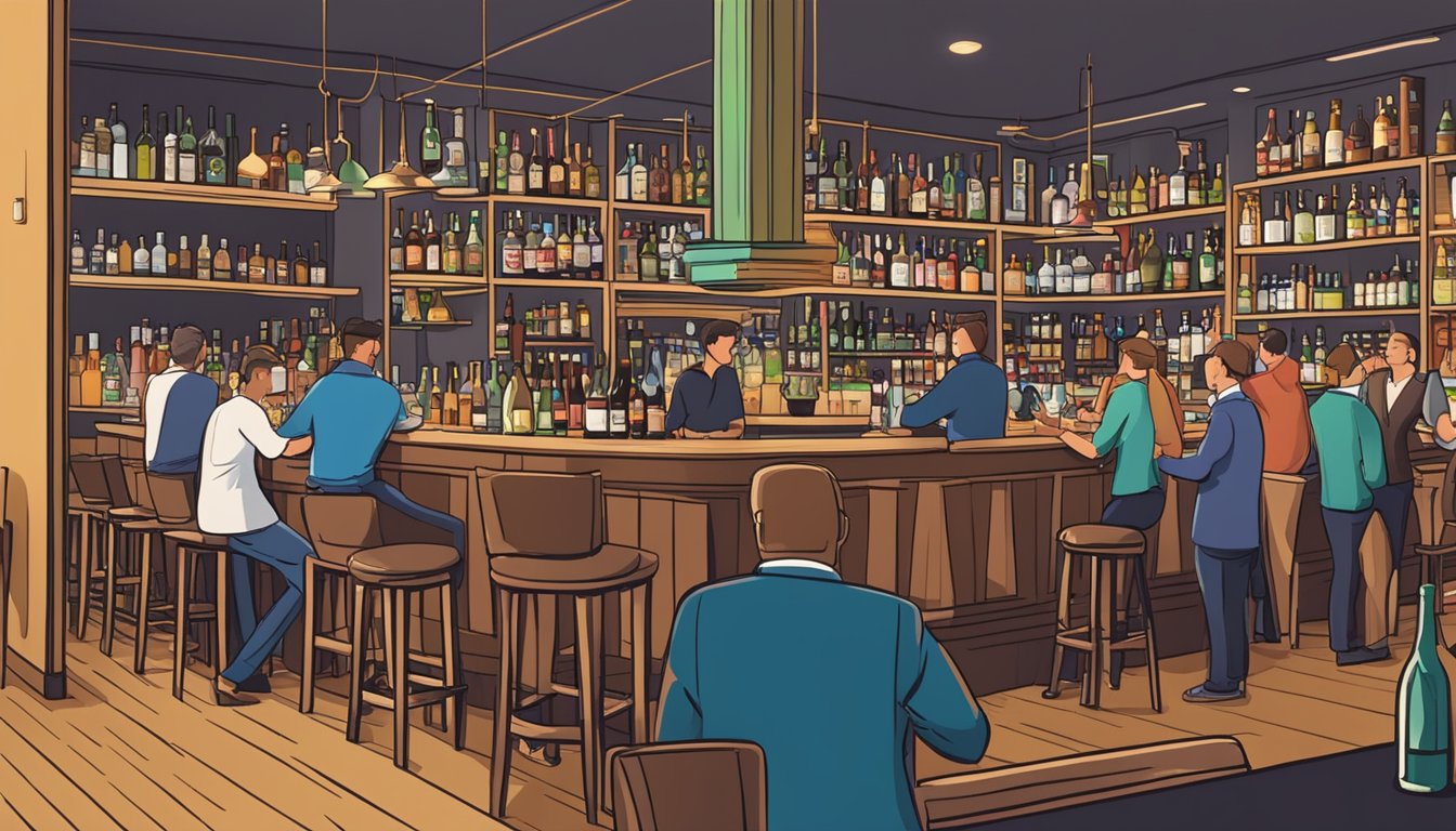 A bustling bar scene with shelves of various alcoholic beverages and customers making purchases