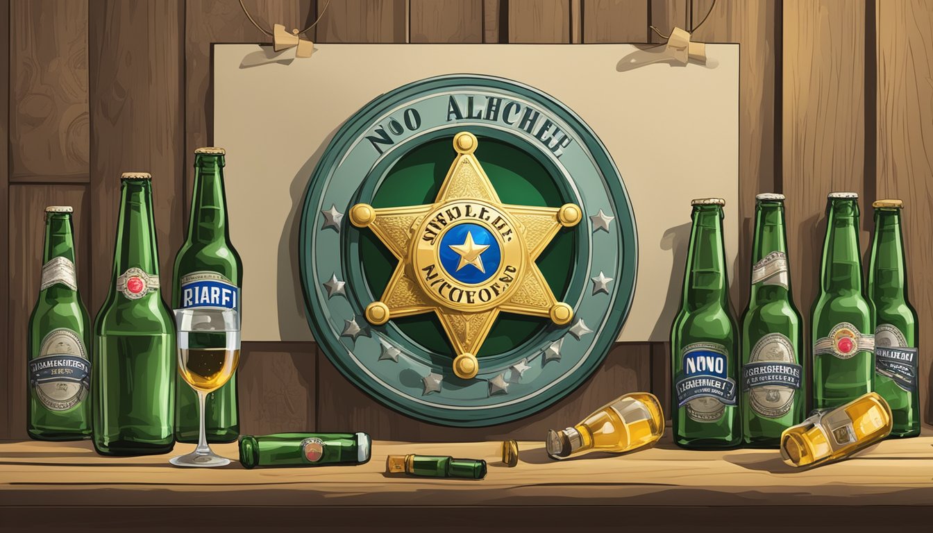 A sheriff's badge pinned to a notice board, surrounded by empty beer bottles and a "No Alcohol" sign