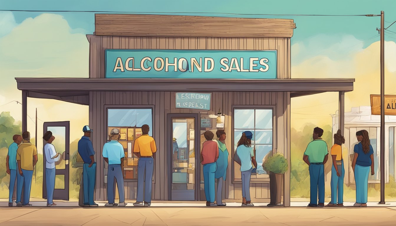 A storefront with a "Alcohol Sales and Licensing" sign in Hardeman County, Texas. A group of people waiting in line to enter