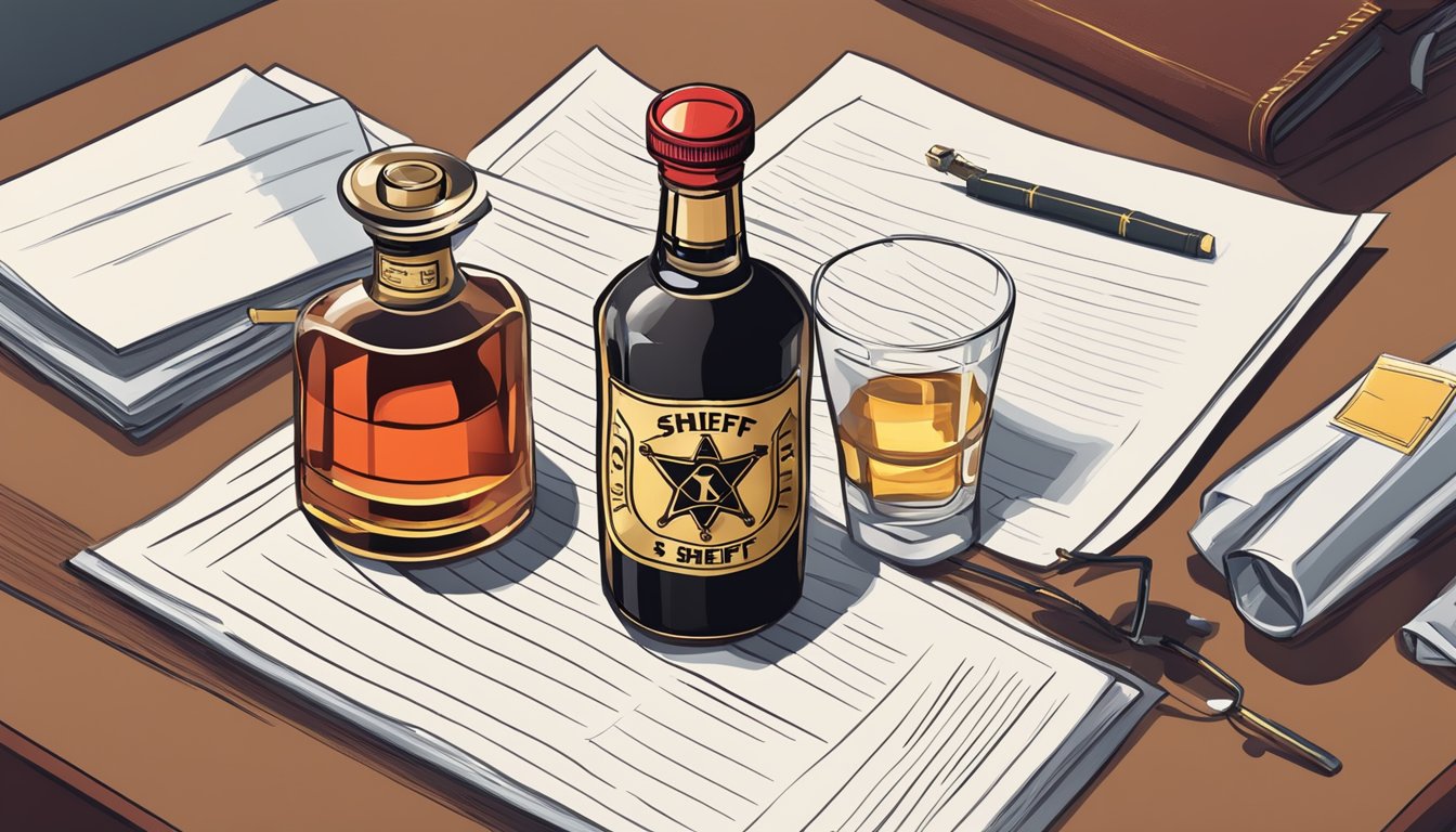 A sheriff's badge pinned to a uniform, a stack of legal documents, and a bottle of alcohol with a red "X" through it