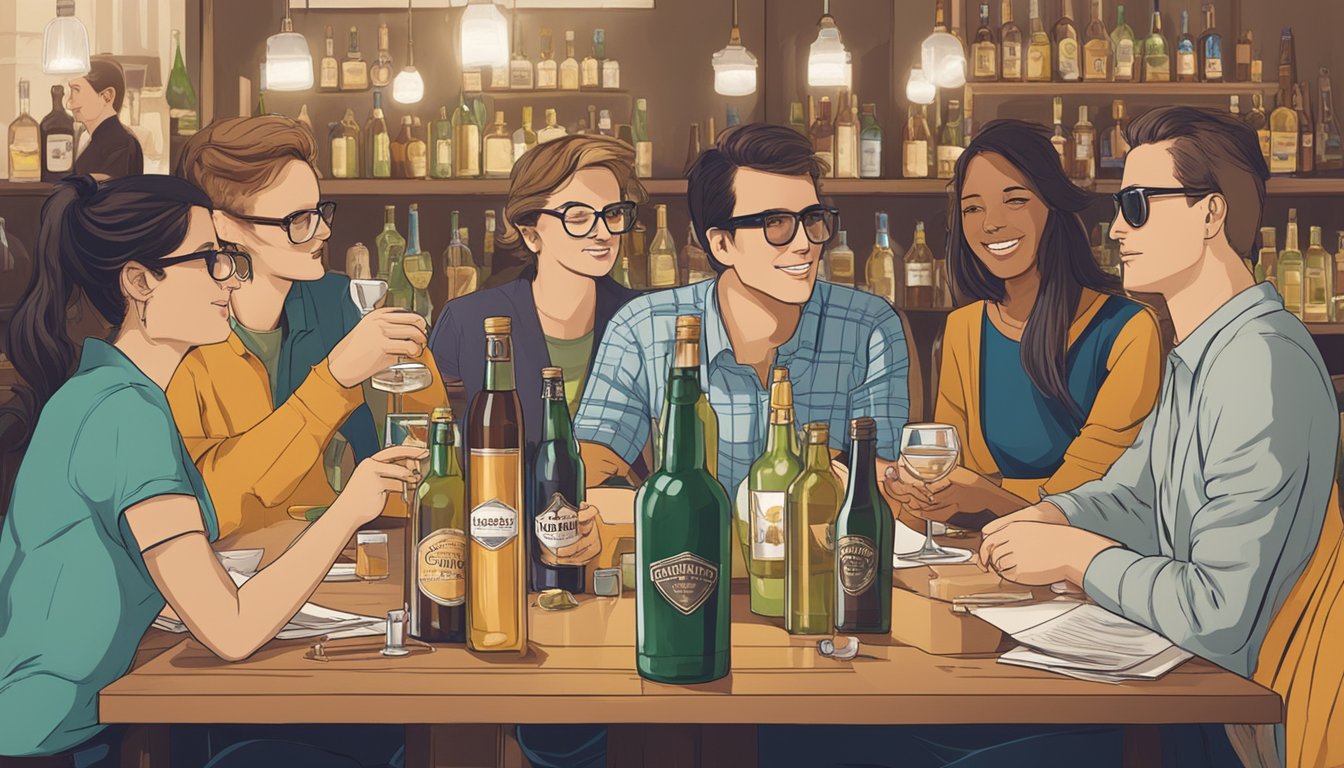 A group of people sitting at a table, with bottles of alcohol and glasses in front of them. A sign with "Purchasing and Consumption Guidelines" is displayed prominently