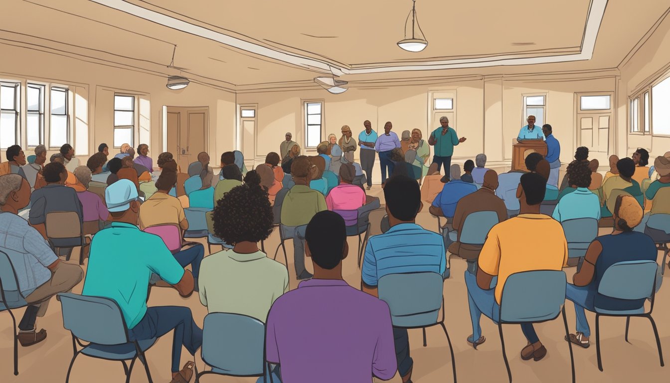 A group of people gather at a town hall meeting in Hardeman County, Texas, discussing and debating the local alcohol and drinking laws