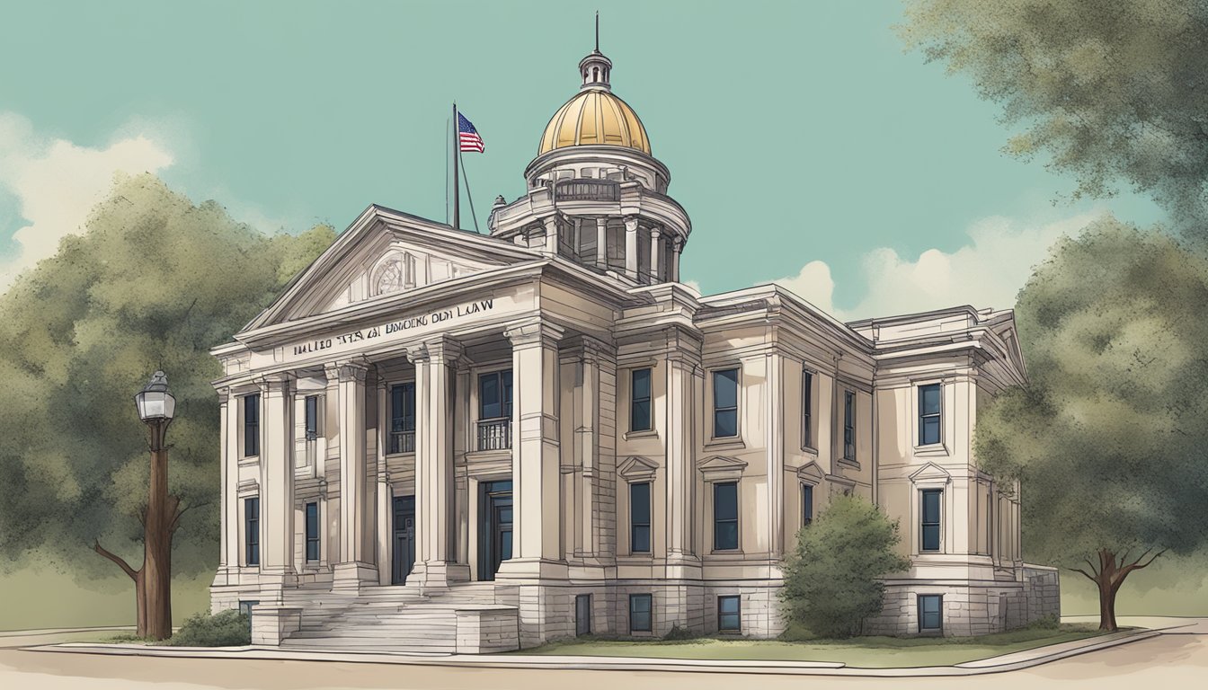 A courthouse with a sign reading "Hall County Texas Alcohol and Drinking Laws" displayed prominently