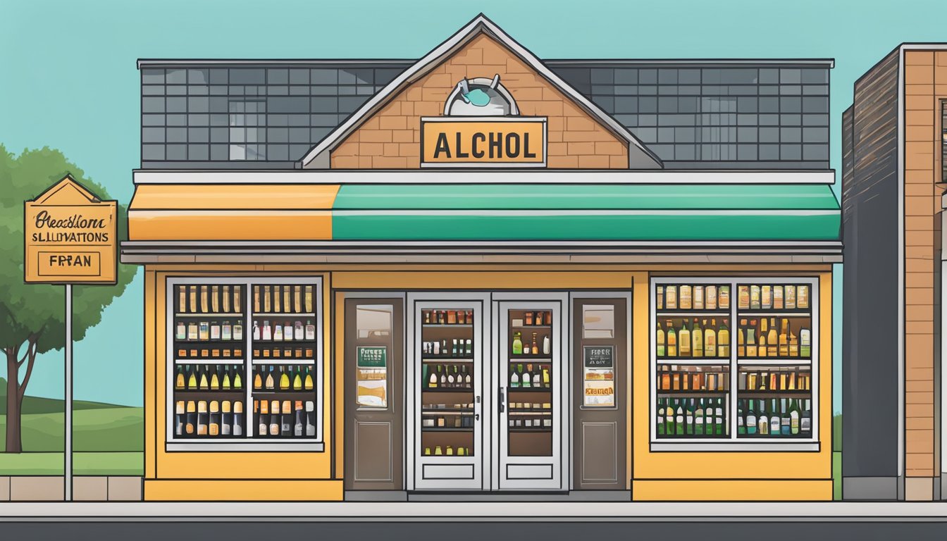 A storefront with a sign displaying alcohol sales regulations in Fort Bend County, Texas