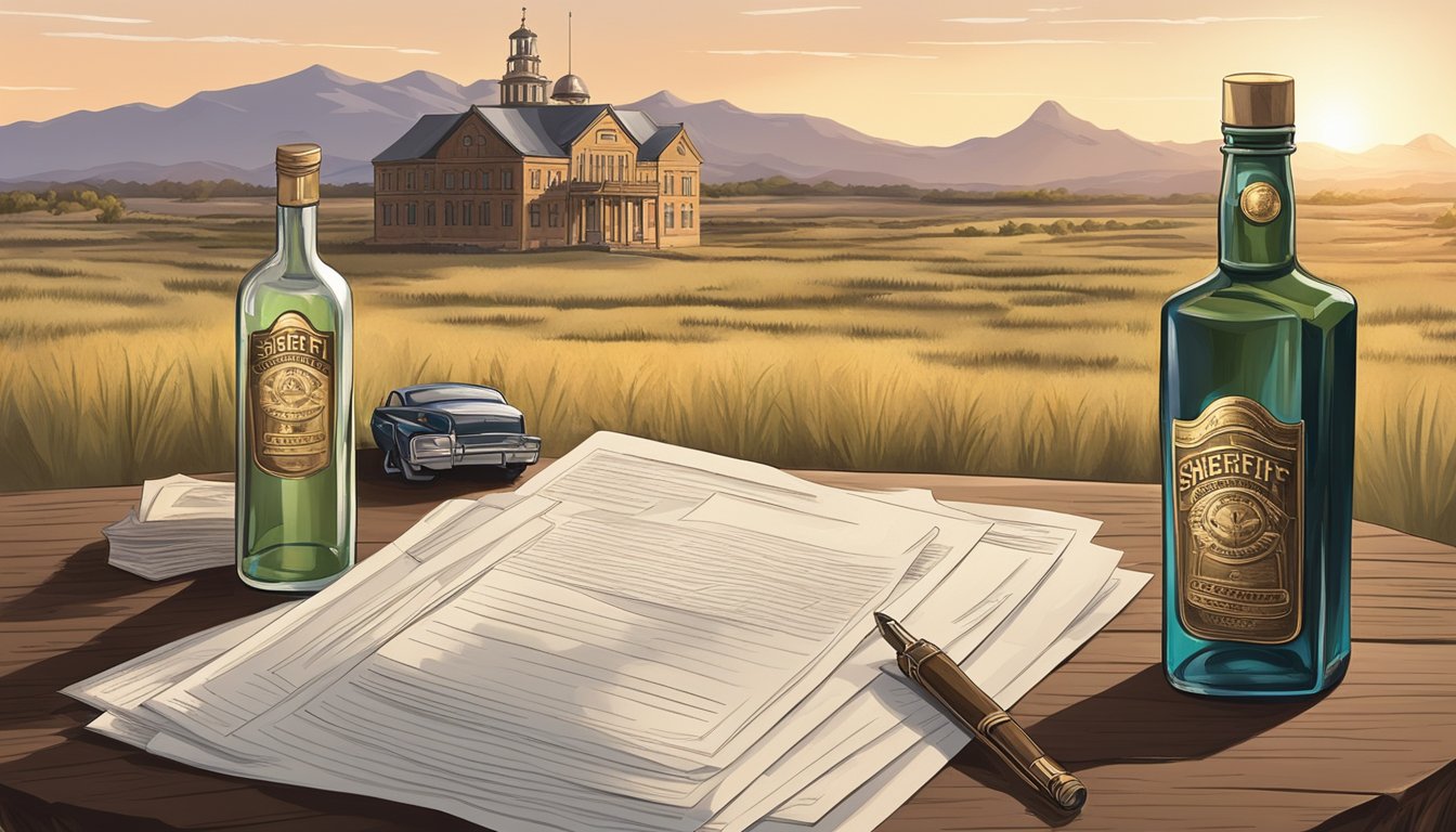 A rural Texan landscape with a sheriff's badge and a bottle of alcohol, surrounded by legal documents and a courthouse in the background