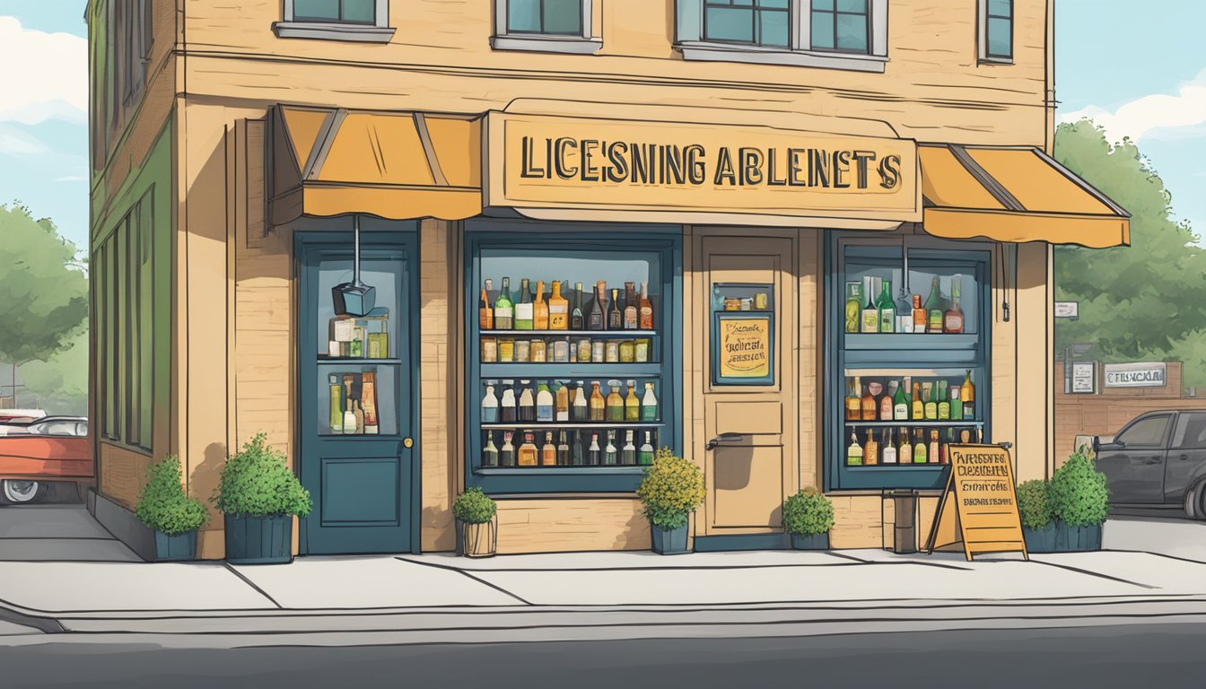 A storefront with a large sign displaying "Licensing Requirements for Alcohol Sales" in Fort Bend County, Texas