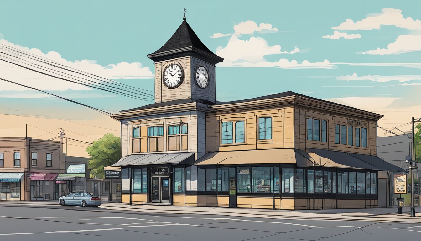 A clock tower surrounded by closed bars and liquor stores on a Sunday morning in Fort Bend County, Texas