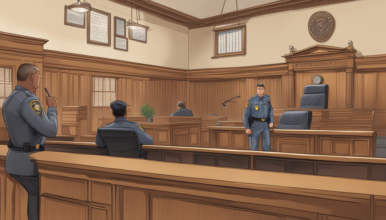 A courtroom setting with a judge's bench, witness stand, and gallery. A sheriff's deputy stands nearby, and a sign displays "Enforcement and Penalties."