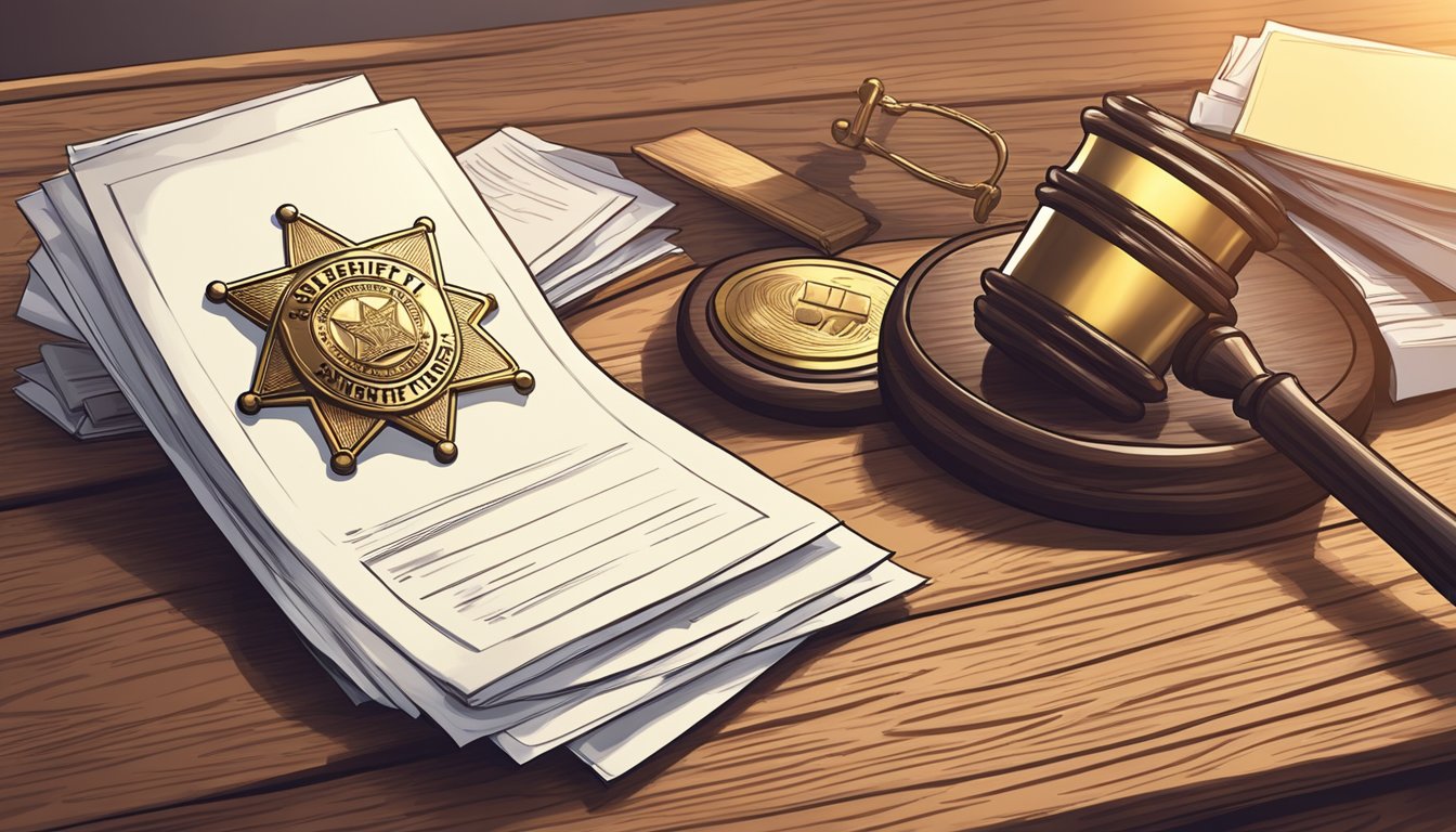 A sheriff's badge on a wooden desk, with a gavel and a stack of legal documents