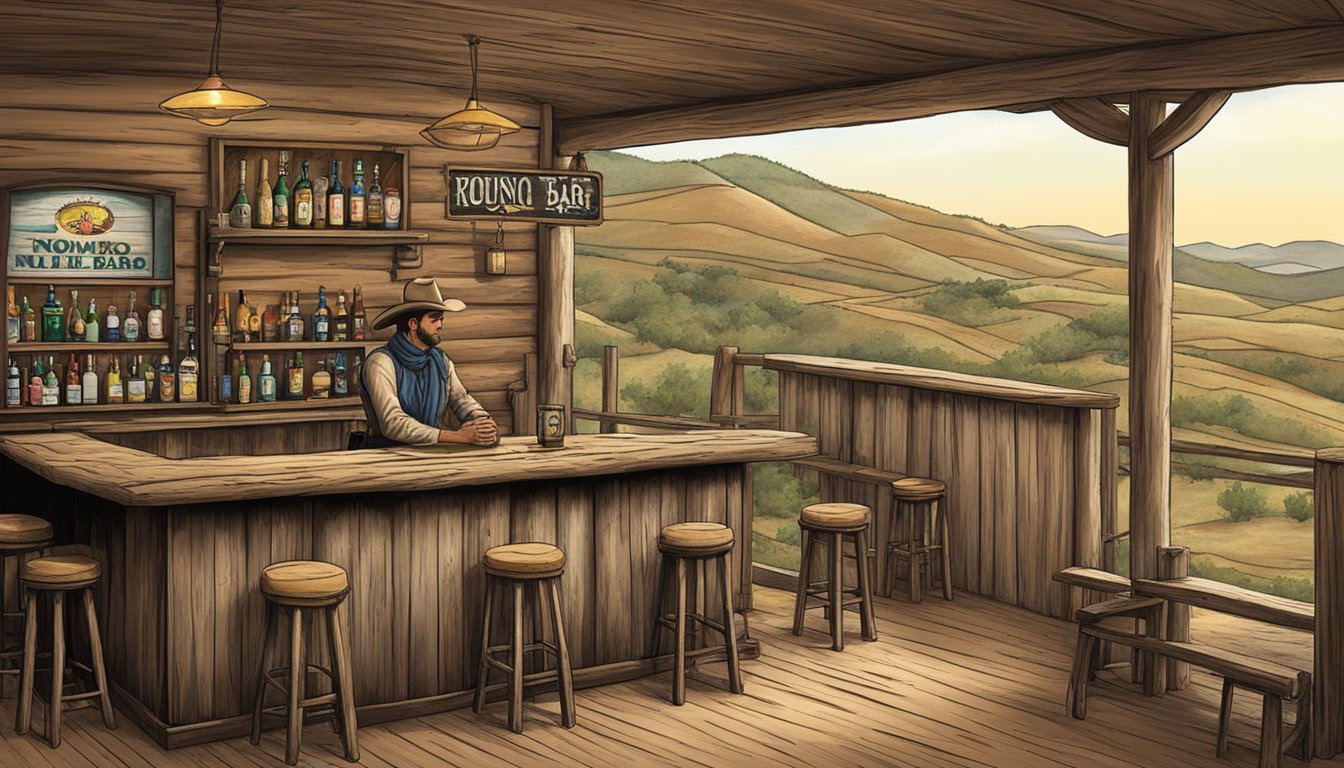 A rustic Texan bar with a "No Minors" sign, framed by rolling hills and a lone cowboy on horseback