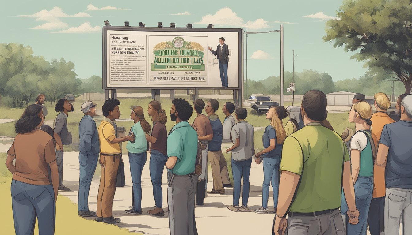 A group of people gather around a billboard displaying information about alcohol and drinking laws in Gonzales County, Texas