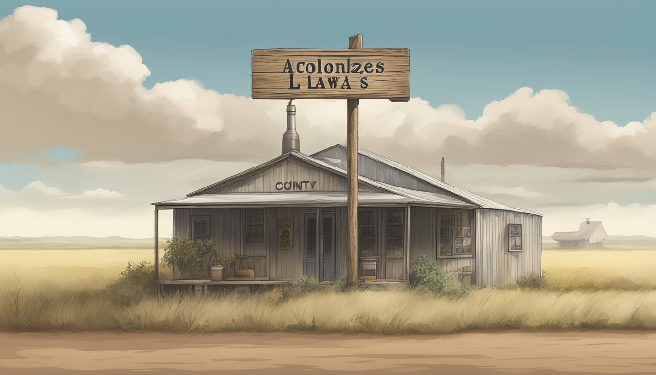 A dusty, rural Texas landscape with a small, weathered sign displaying alcohol laws for Gonzales County