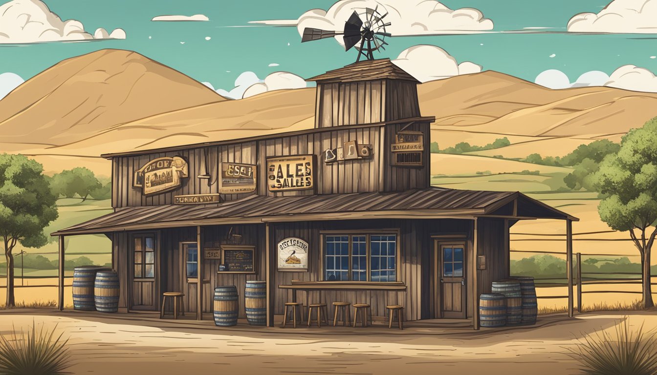 A rustic Texan bar with a "Licensing and Sales" sign, surrounded by rolling hills and a lone windmill