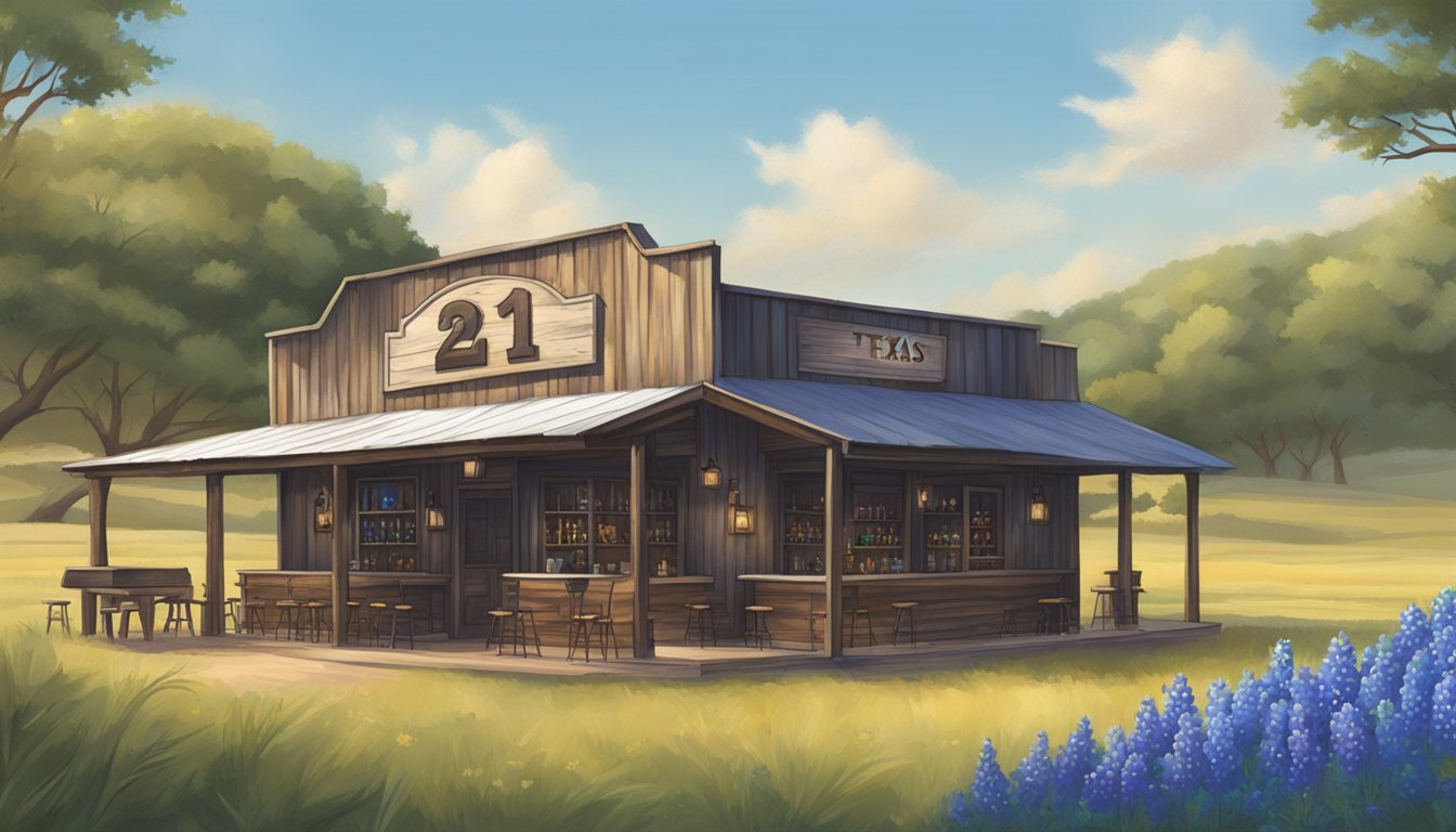 A rustic Texas bar with a "21+" sign on the door, surrounded by rolling hills and bluebonnet flowers