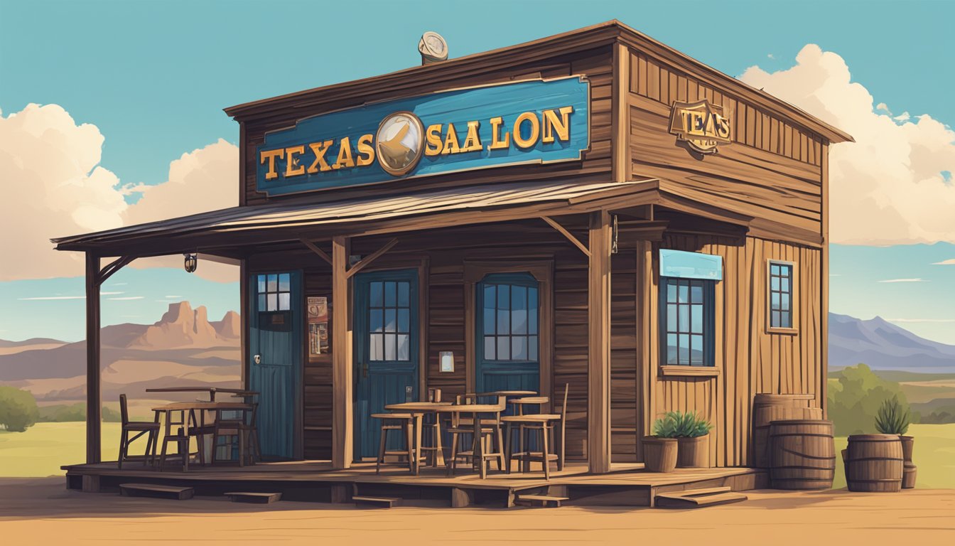 A rustic Texas saloon with TABC signage, surrounded by rolling hills and a clear blue sky