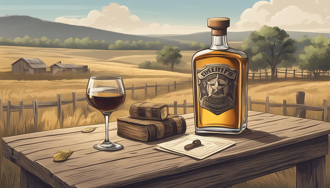 A dusty rural landscape with a sheriff's badge and a bottle of whiskey on a weathered wooden table