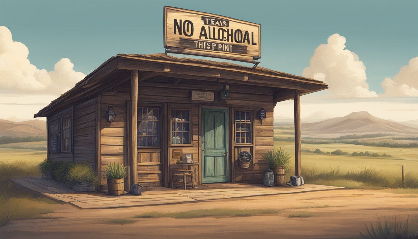 A rustic Texas bar with a "No Alcohol Beyond This Point" sign on the door, surrounded by rolling hills and a small town in the distance