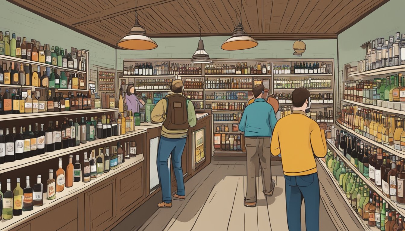 A bustling liquor store in Gillespie County, Texas, with shelves stocked full of various alcohol products and customers browsing the selection