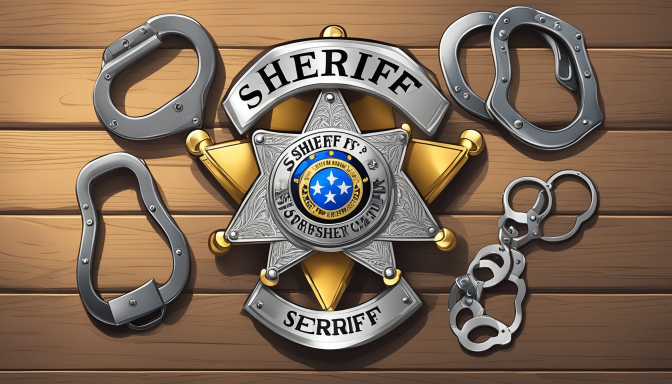 A sheriff's badge and a set of handcuffs on a wooden table