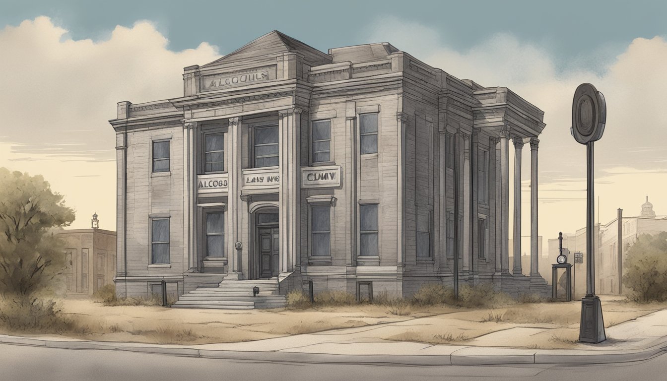 A dusty, old courthouse with a weathered sign displaying "Alcohol Laws" in Gray County, Texas. Surrounding buildings show signs of prohibition-era influence