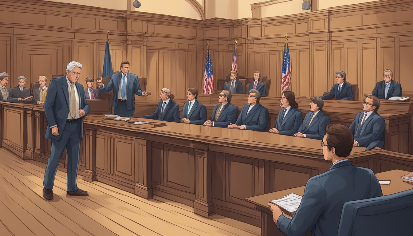 A courtroom with judges and lawyers discussing alcohol laws