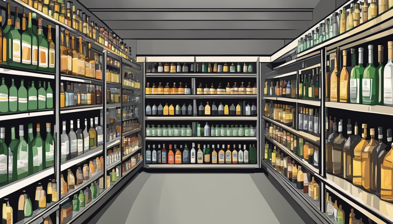 A liquor store in Gray County, Texas, with shelves stocked with various bottles of alcohol