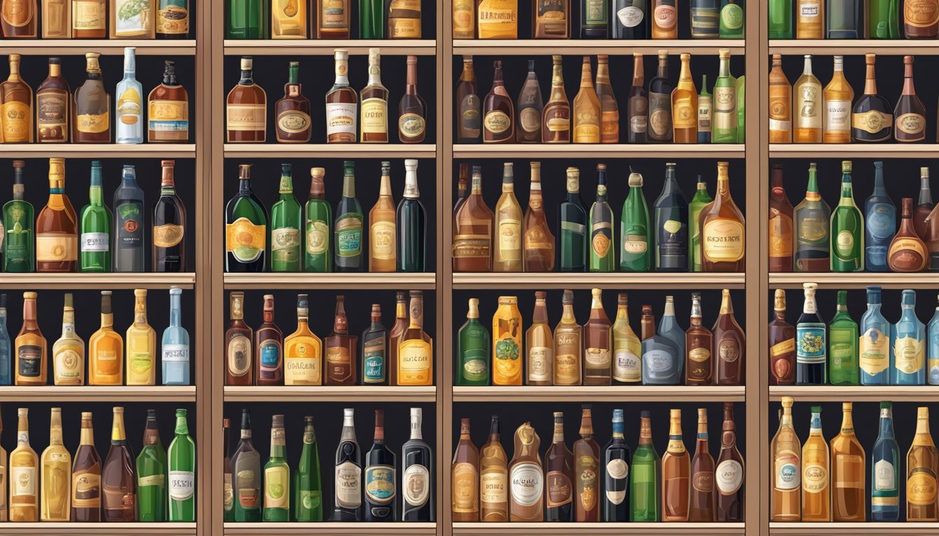 A variety of alcoholic beverages displayed on shelves in a liquor store