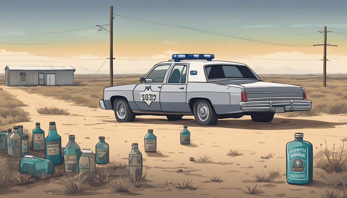 Gray County, Texas: A desolate landscape with a bordering county sign. Empty alcohol bottles litter the ground, while a sheriff's car patrols in the distance